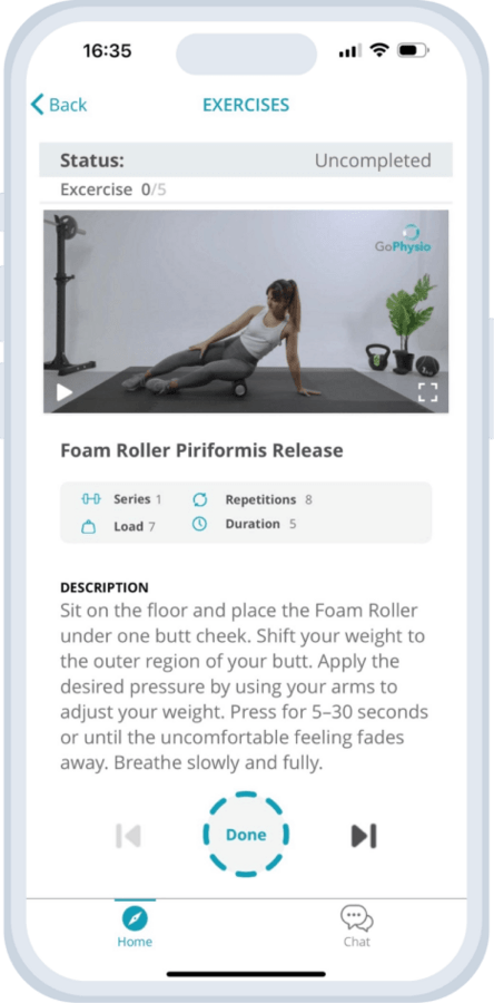 Exercise screen of rehab application